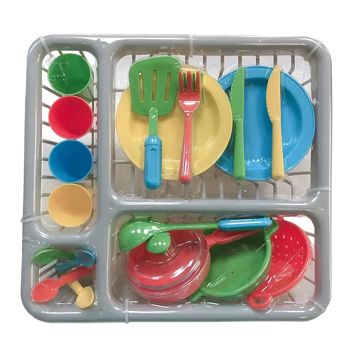 Colorful plastic kids toy kitchen tableware set with dish rack displayed in a gray tray for imaginative play
