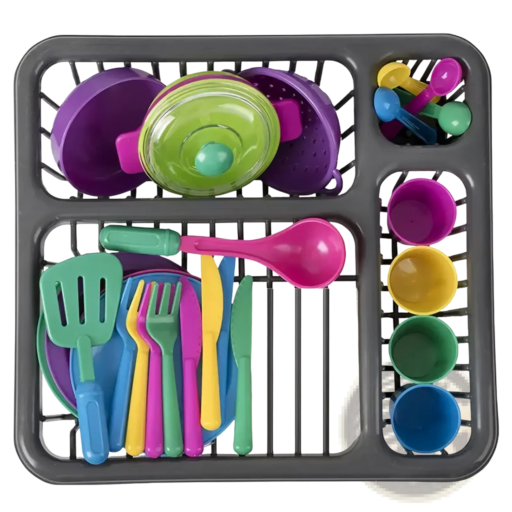 Colorful plastic kids toy kitchen tableware set neatly arranged in a gray dish rack for pretend play