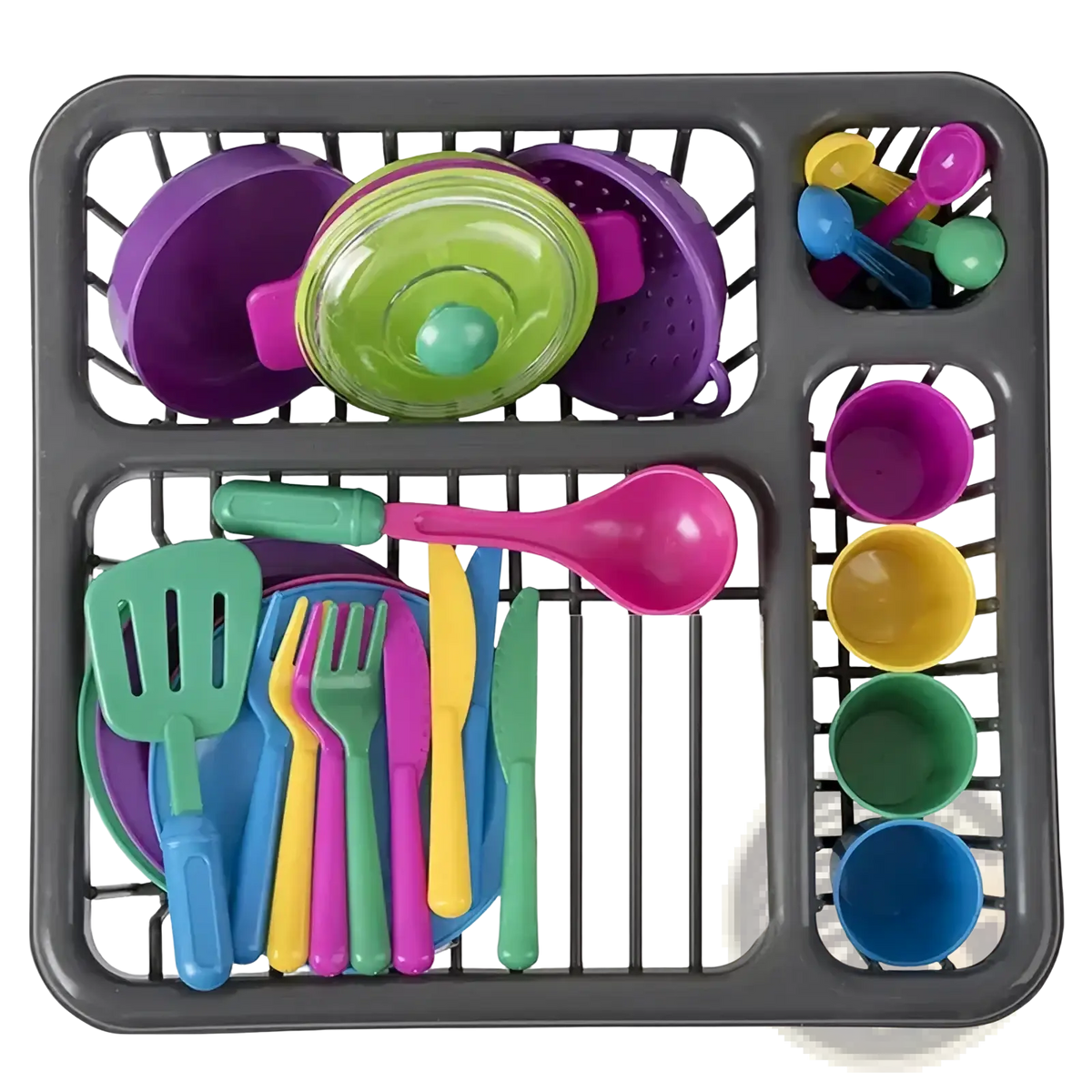 Colorful plastic kids toy kitchen tableware set neatly arranged in a gray dish rack for pretend play
