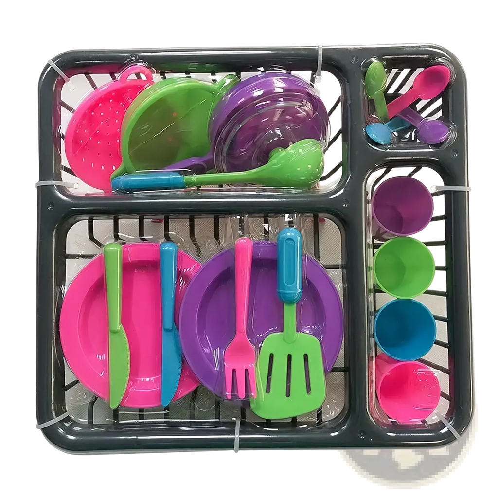 Kids toy kitchen tableware set with dish rack featuring brightly colored pink green purple and blue plastic utensils and dishes in a black tray