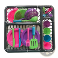 Kids toy kitchen tableware set with dish rack featuring brightly colored pink green purple and blue plastic utensils and dishes in a black tray