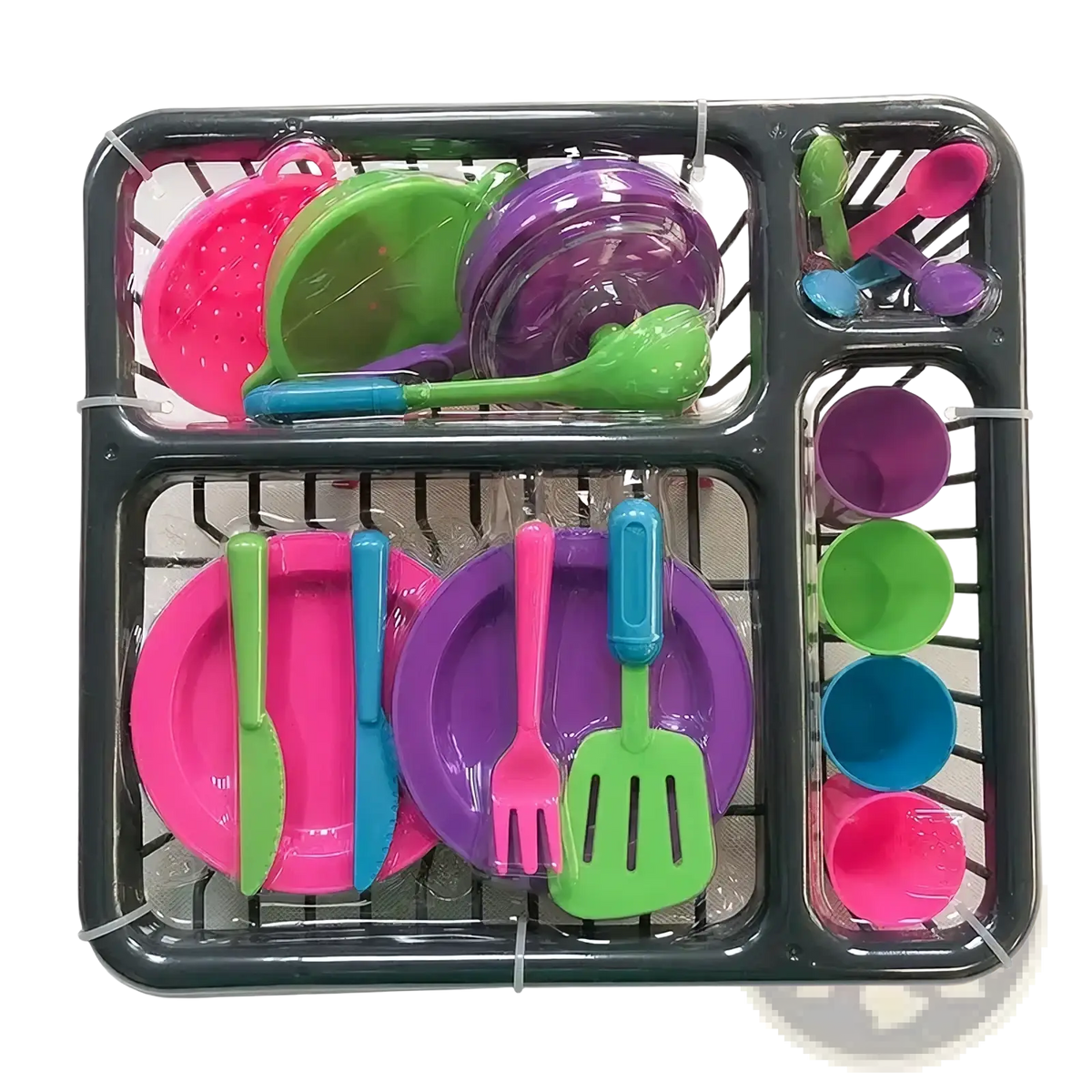 Kids toy kitchen tableware set with dish rack featuring brightly colored pink green purple and blue plastic utensils and dishes in a black tray