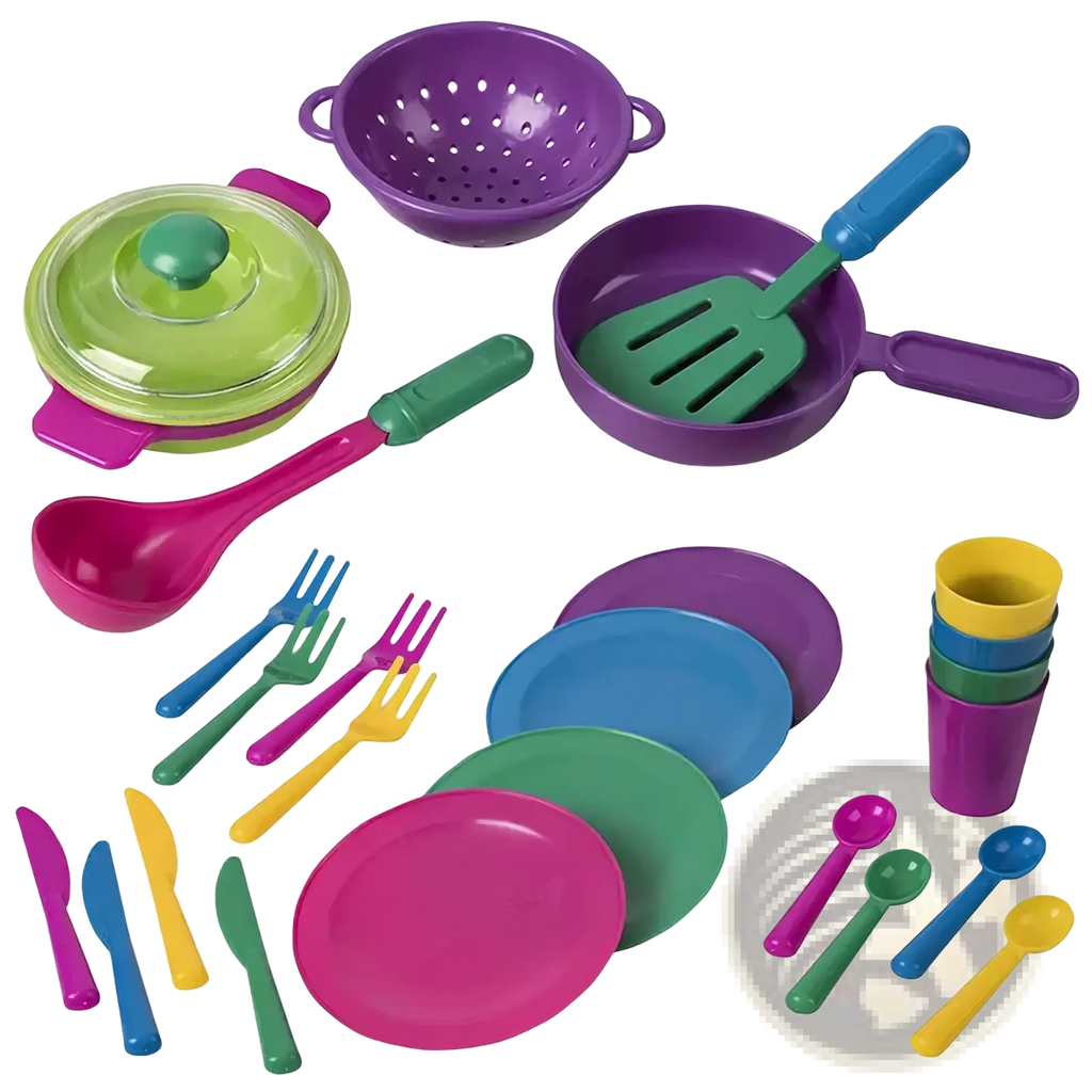 Vibrant plastic kids toy kitchen tableware set with colorful utensils plates cups cookware and dish rack in multiple colors