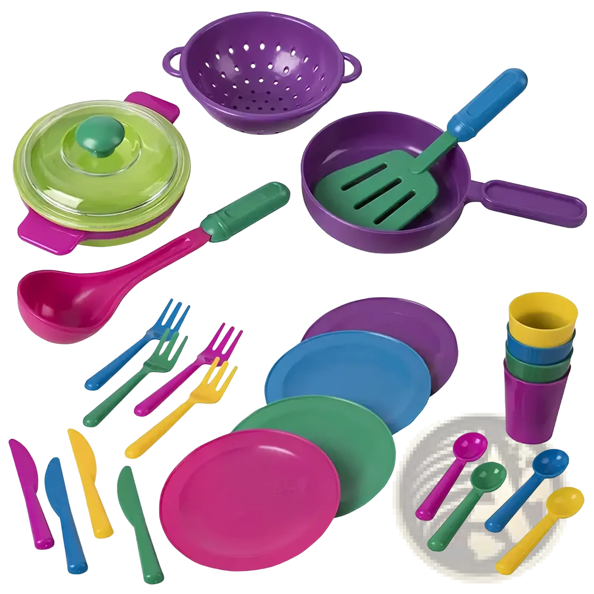 Vibrant plastic kids toy kitchen tableware set with colorful utensils plates cups cookware and dish rack in multiple colors