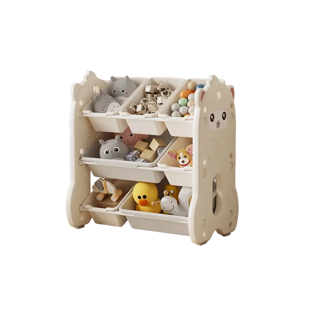 Cream-colored plastic kids toy storage rack with a bear face design and multiple compartments for toys and stuffed animals