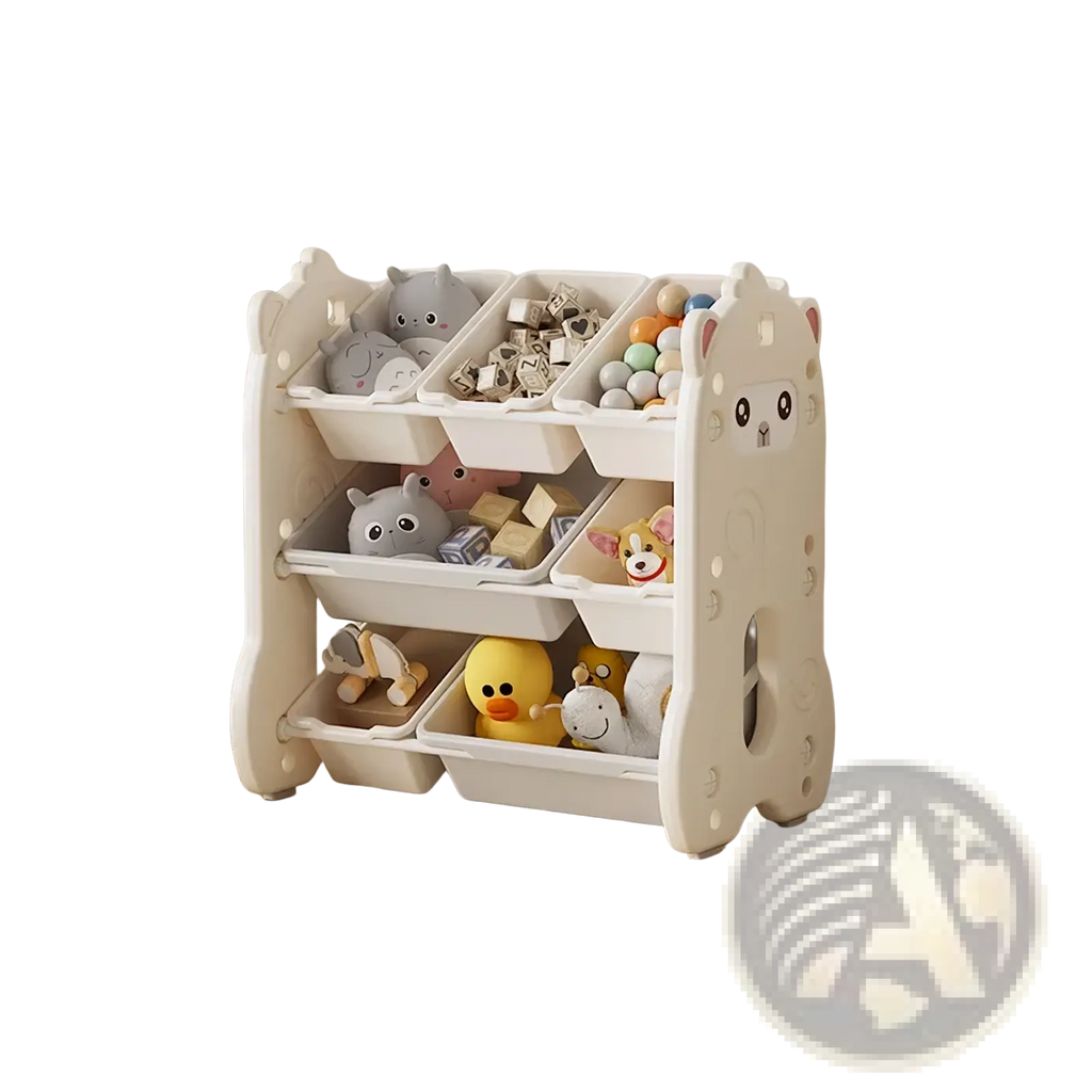 Cream-colored plastic kids toy storage rack with a bear face design and multiple compartments for toys and stuffed animals