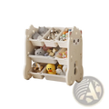 Cream-colored plastic kids toy storage rack with a bear face design and multiple compartments for toys and stuffed animals