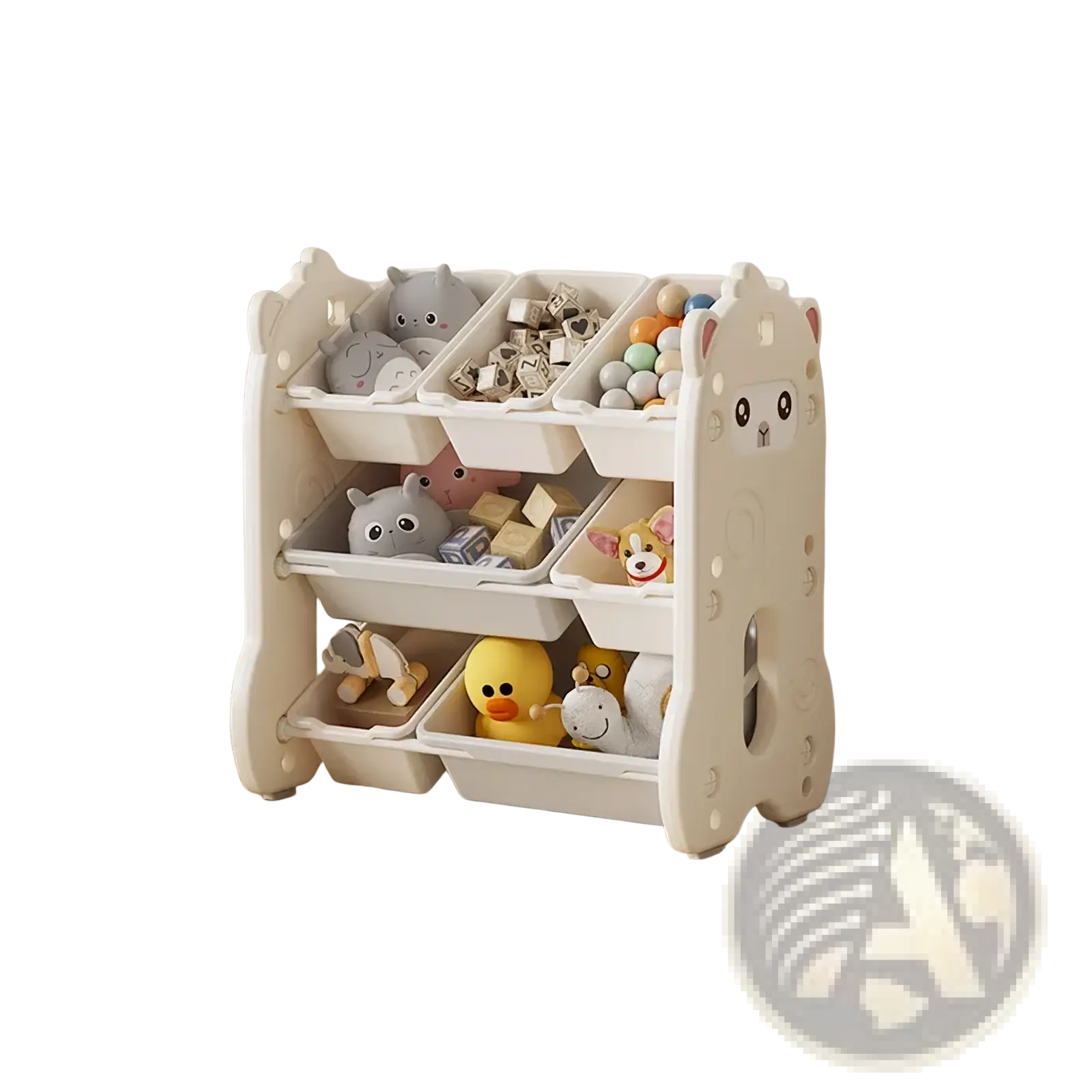 Cream-colored plastic kids toy storage rack with a bear face design and multiple compartments for toys and stuffed animals
