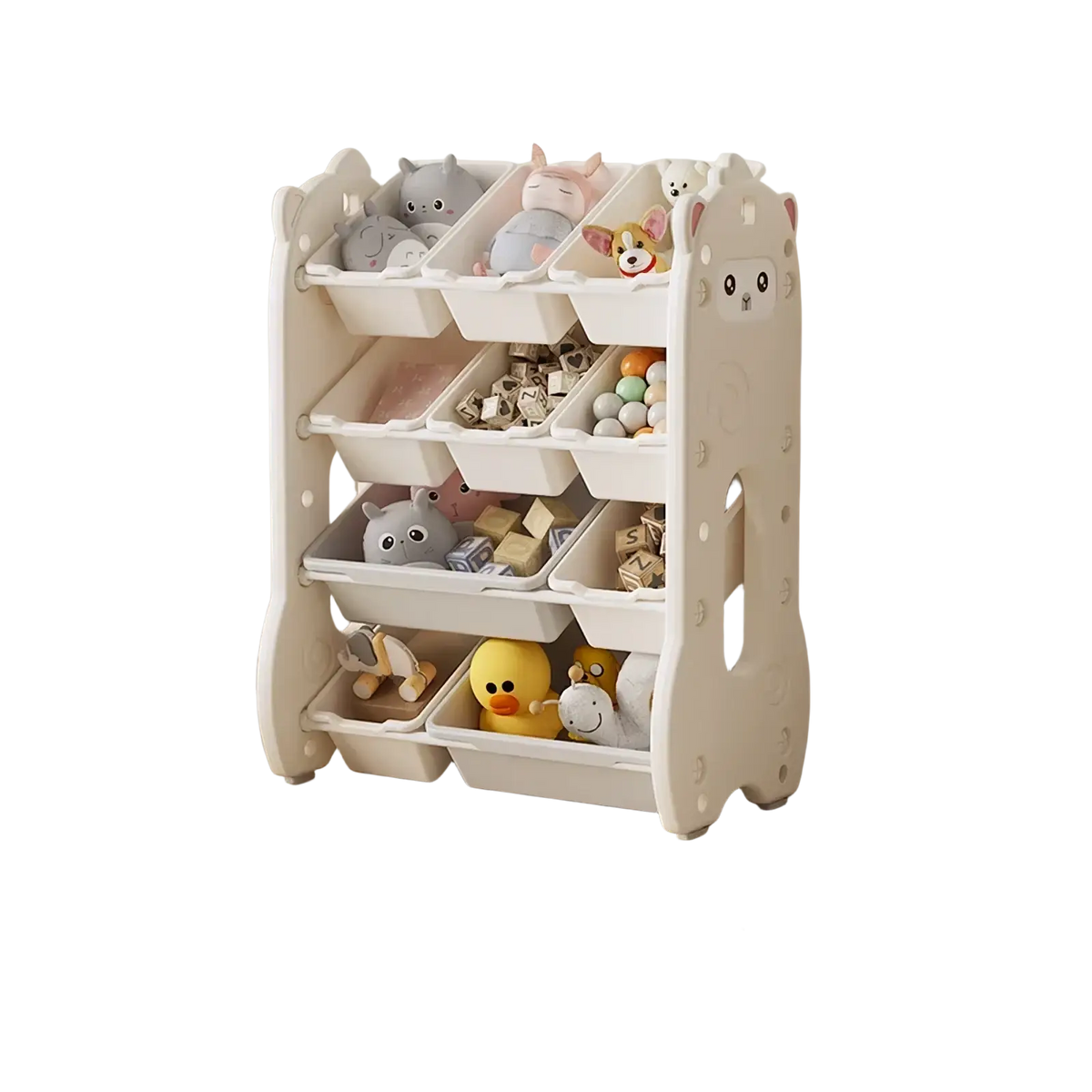 White plastic kids toy storage rack with cute animal face design and multiple compartments filled with toys and stuffed animals