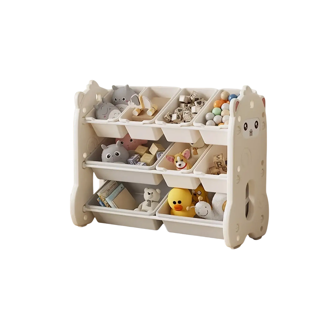 White plastic kids toy storage rack with cartoon face design and multiple compartments filled with toys and books