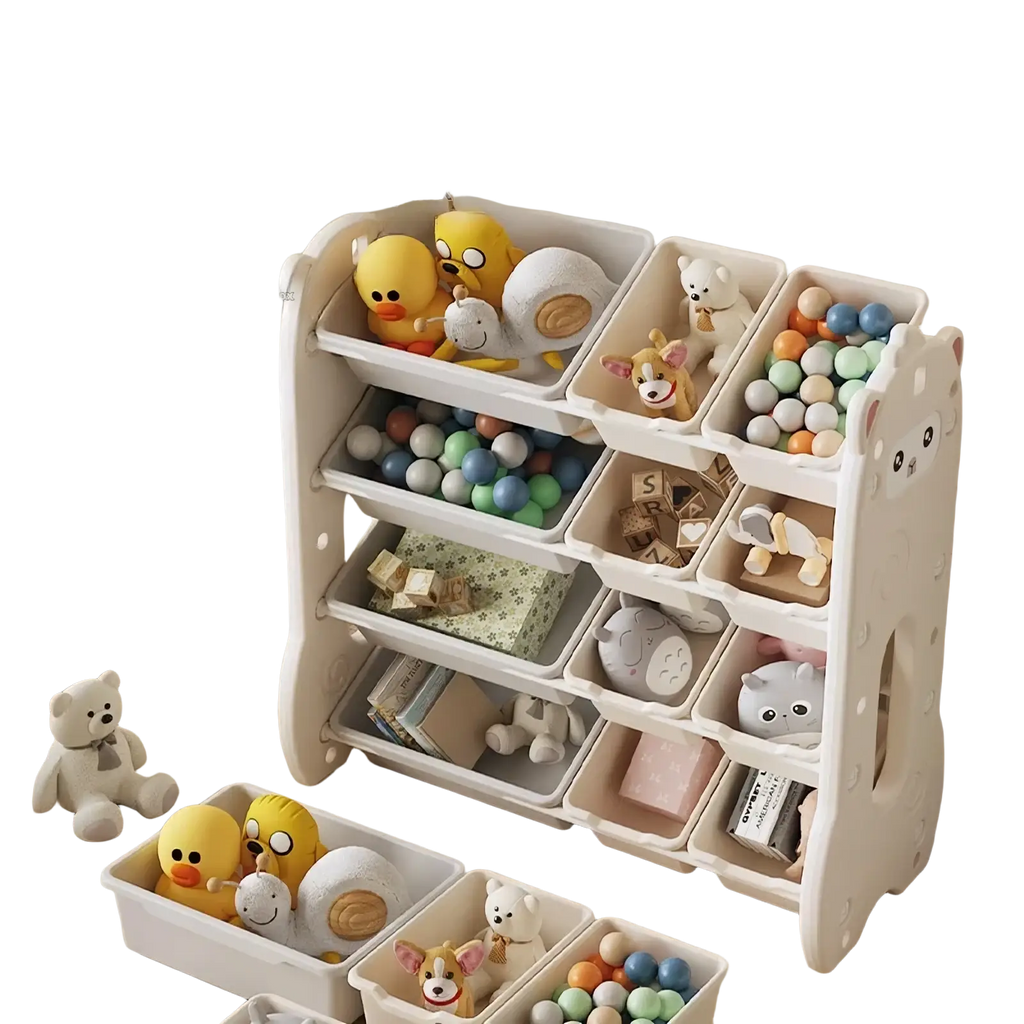 White plastic kids toy storage rack with cat face design and multiple compartments for organized playroom storage