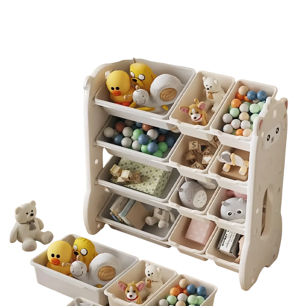 White plastic kids toy storage rack with cat face design and multiple compartments for organized playroom storage