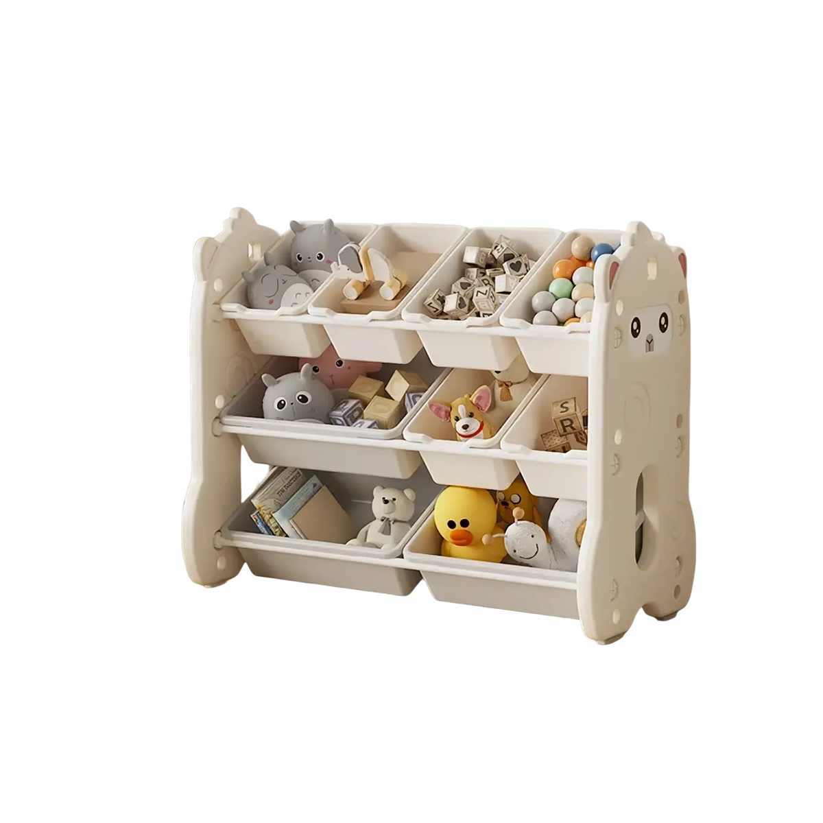 White plastic kids toy storage rack with cute cat face and multiple compartments filled with stuffed animals blocks and balls