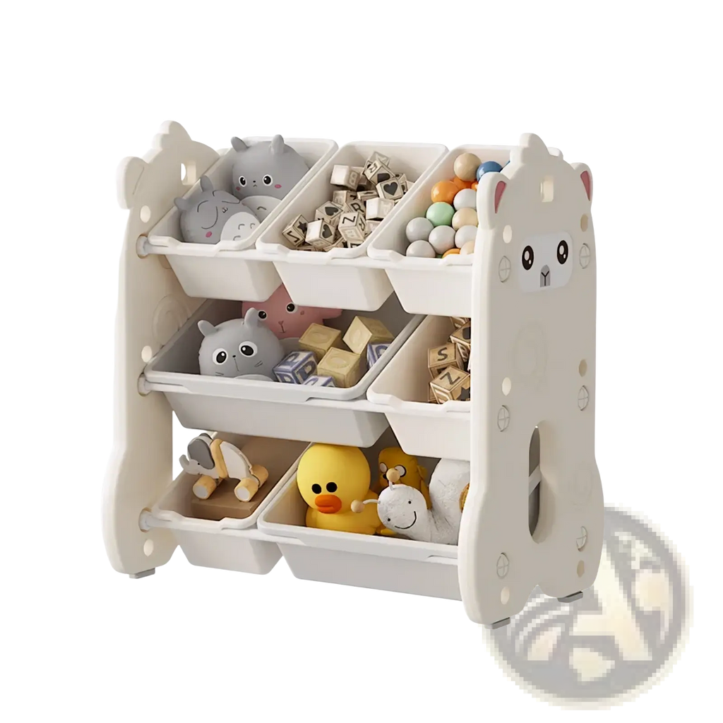 White plastic cat-shaped kids toy storage rack with three tiers and six compartments for organized storage