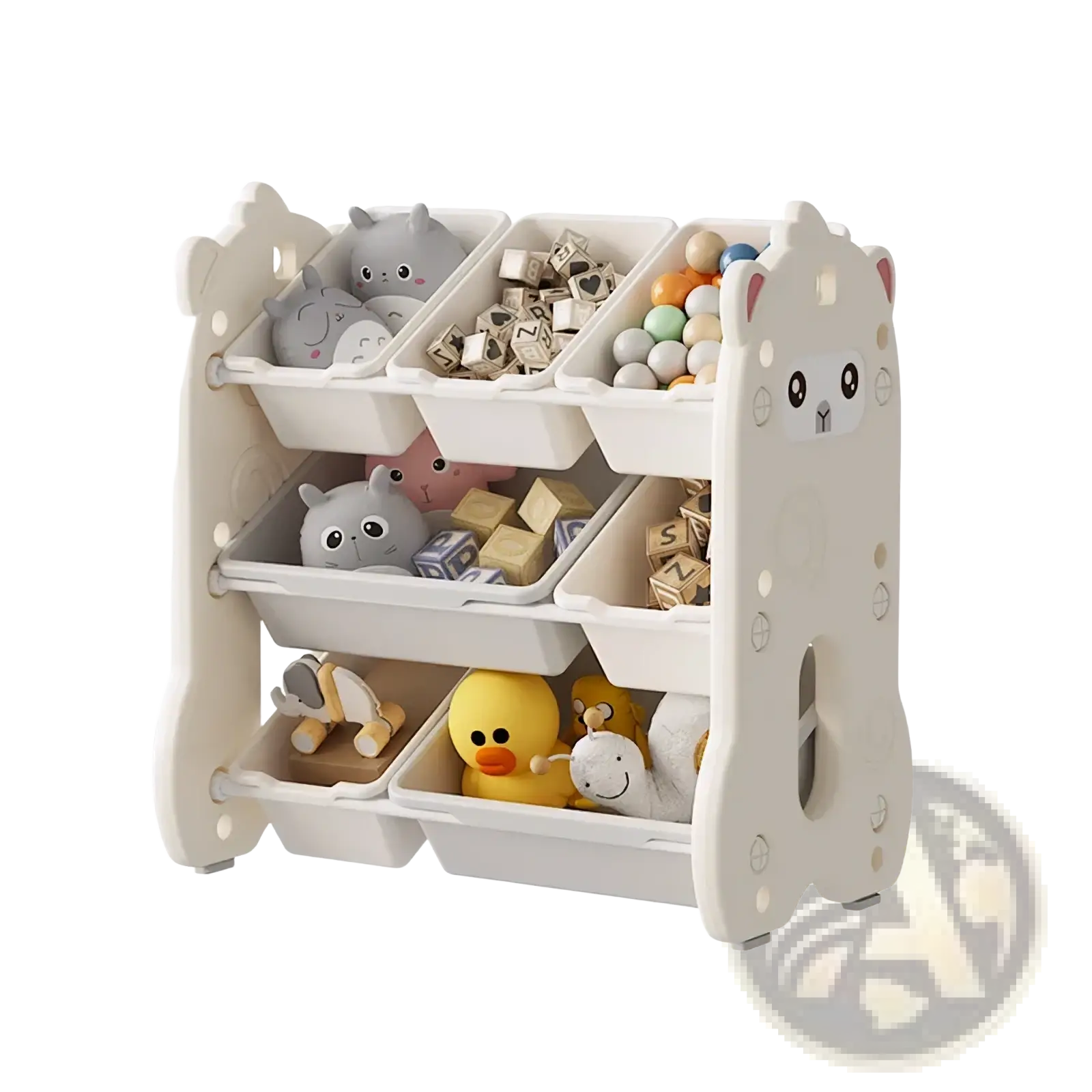 White plastic cat-shaped kids toy storage rack with three tiers and six compartments for organized storage