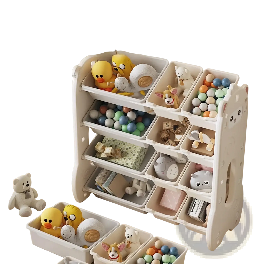 White plastic kids toy storage rack with cat face design and multiple compartments for organized playroom storage