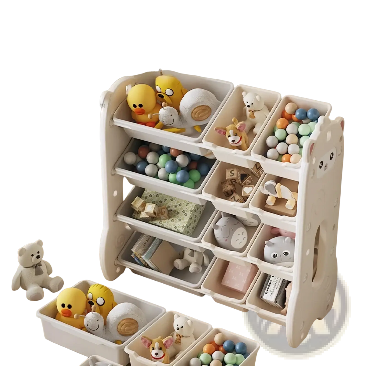 White plastic kids toy storage rack with cat face design and multiple compartments for organized playroom storage