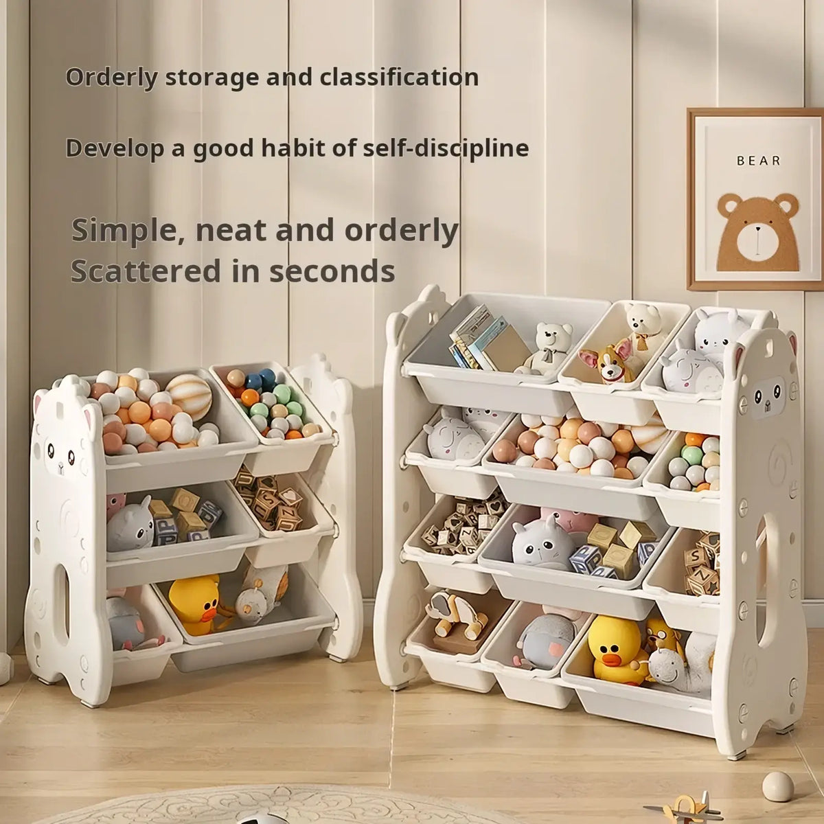 White plastic kids toy storage rack multi layer organizer with cute animal face design and multiple compartments