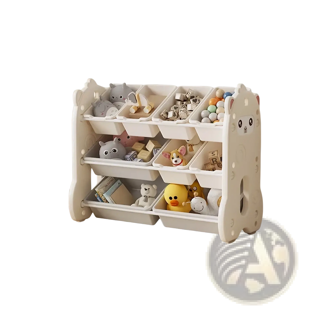 White plastic kids toy storage rack with cartoon face design and multiple compartments filled with toys and books