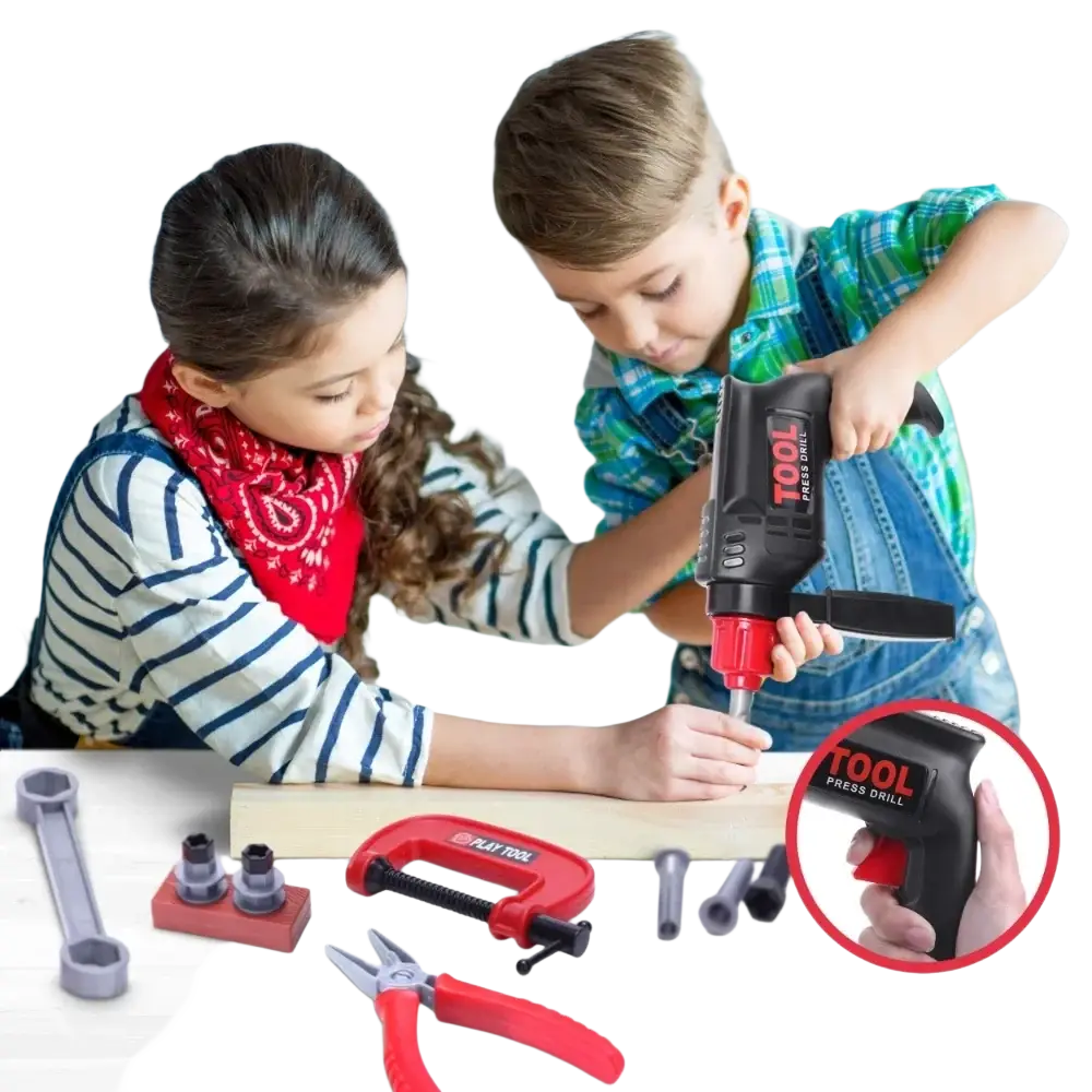 Black and red plastic kids toy electric drill with tool press drill branding from kids toy tool set with workbench