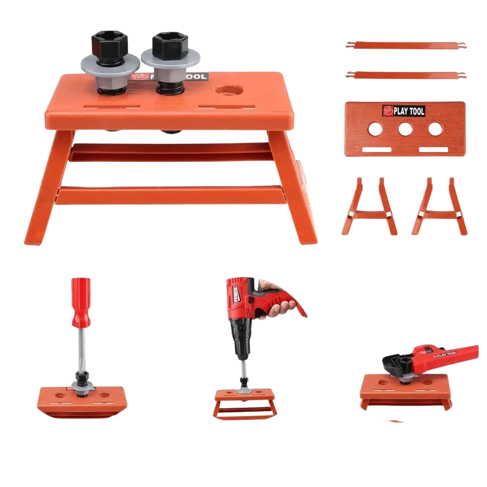 Orange plastic kids toy tool set with electric drill and workbench featuring black and gray tool attachments