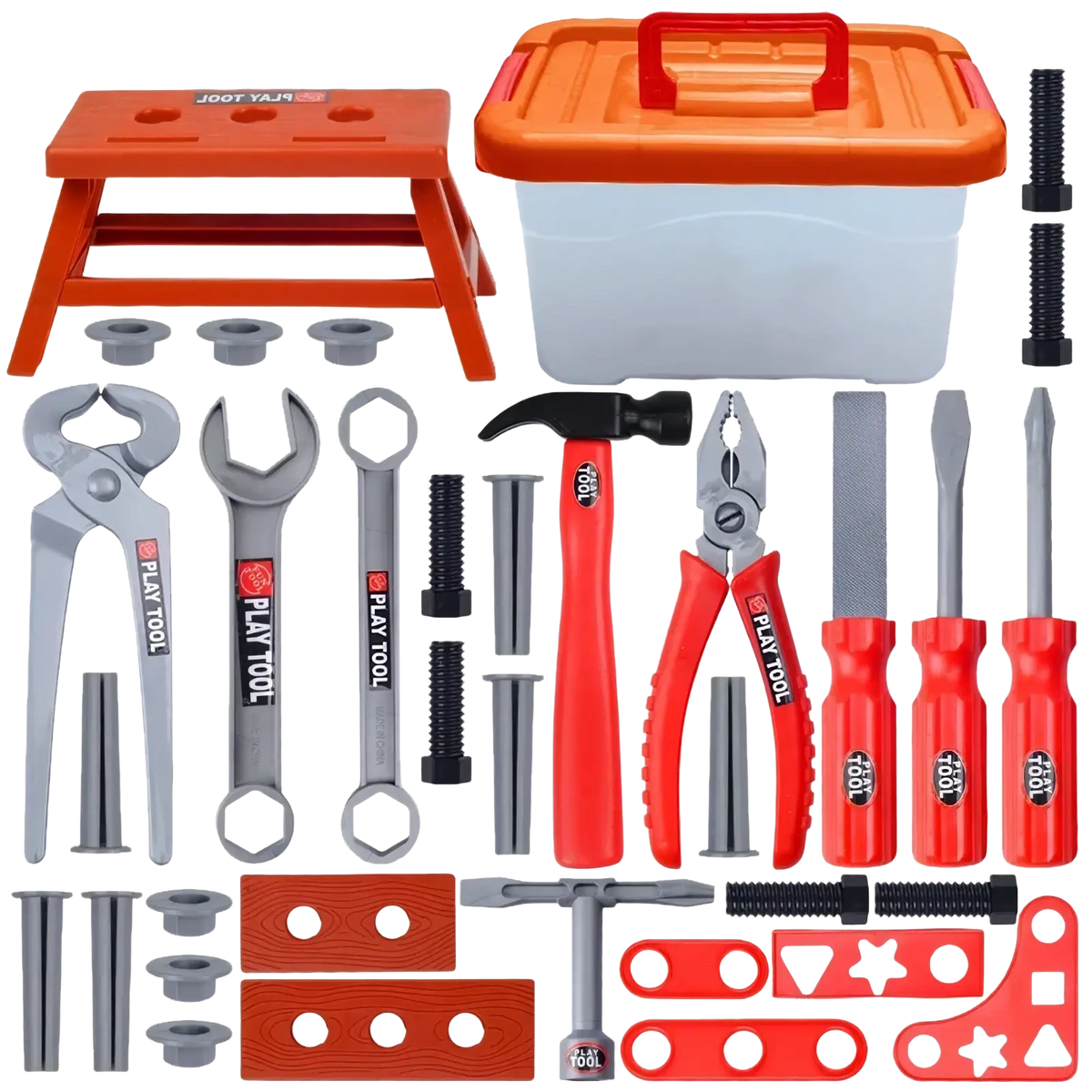 Kids toy tool set with electric drill and workbench featuring orange and white plastic case with red handled tools and gray metal parts