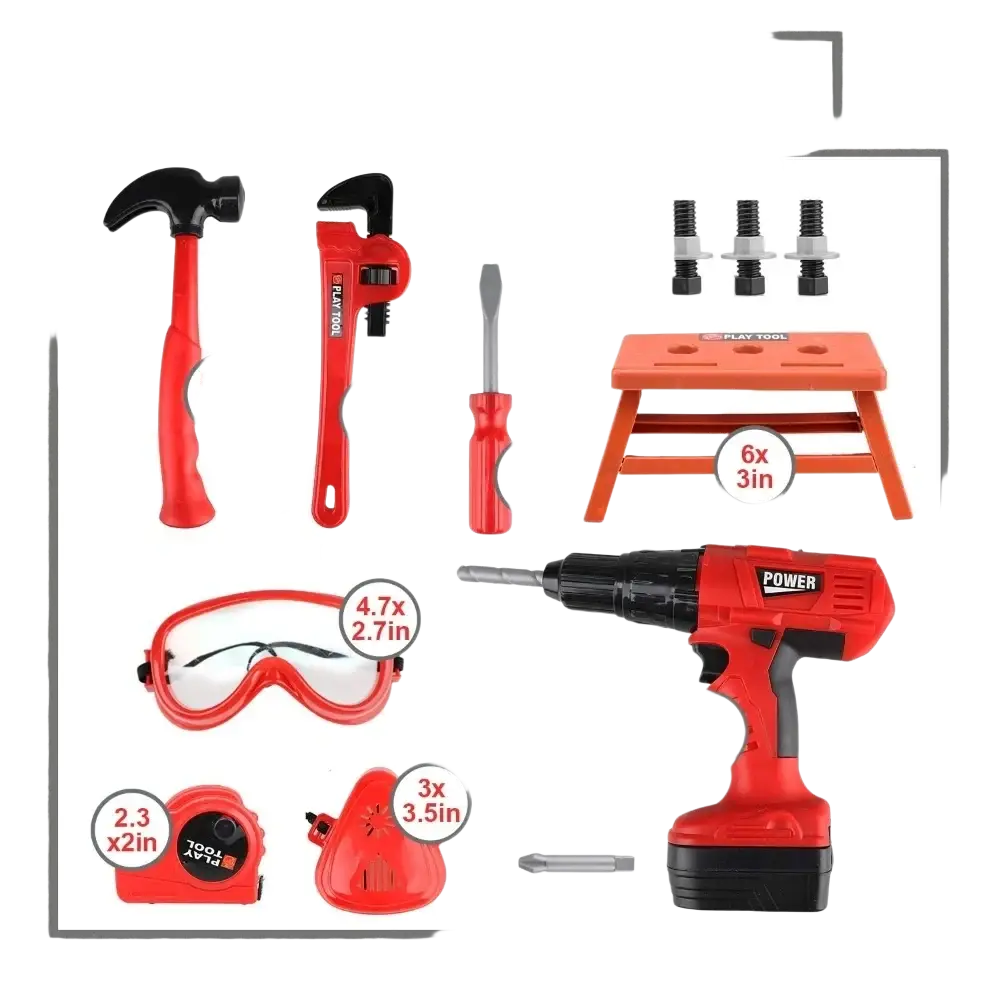 Red and black plastic kids toy electric drill with textured grip from tool set and workbench for pretend play