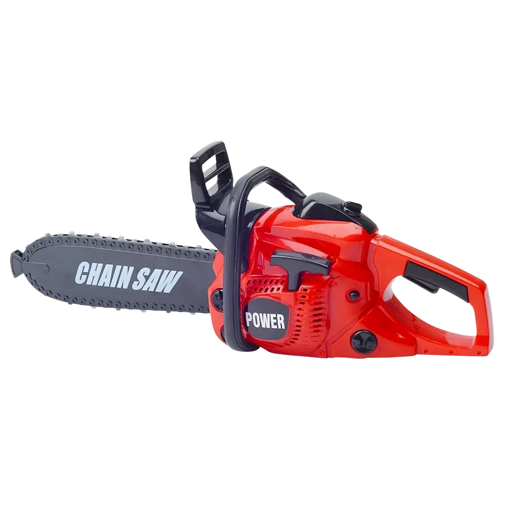Red and black plastic kids toy chainsaw with chain saw printed on the blade from kids toy tool set with workbench