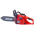 Red and black plastic kids toy chainsaw with chain saw printed on the blade from kids toy tool set with workbench