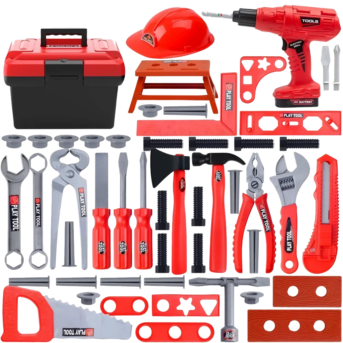 Red and black plastic kids toy tool set with electric drill, hard hat, wrenches, screwdrivers, hammer, saw, and workbench