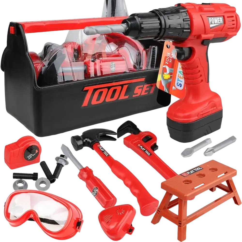 Kids toy power tool set featuring a red and black plastic electric drill with a clear handle and power branding