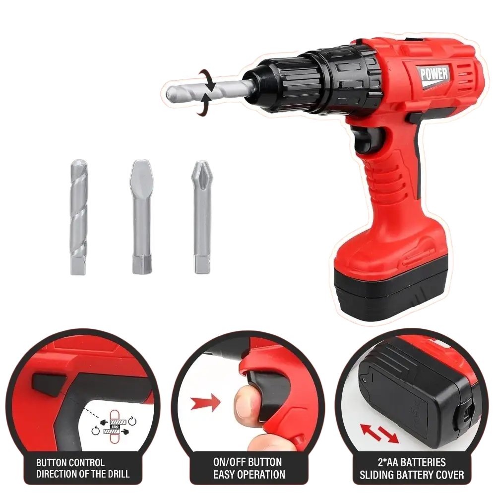 Kids toy tool set with red and black electric drill and three interchangeable drill bits for play workbench use