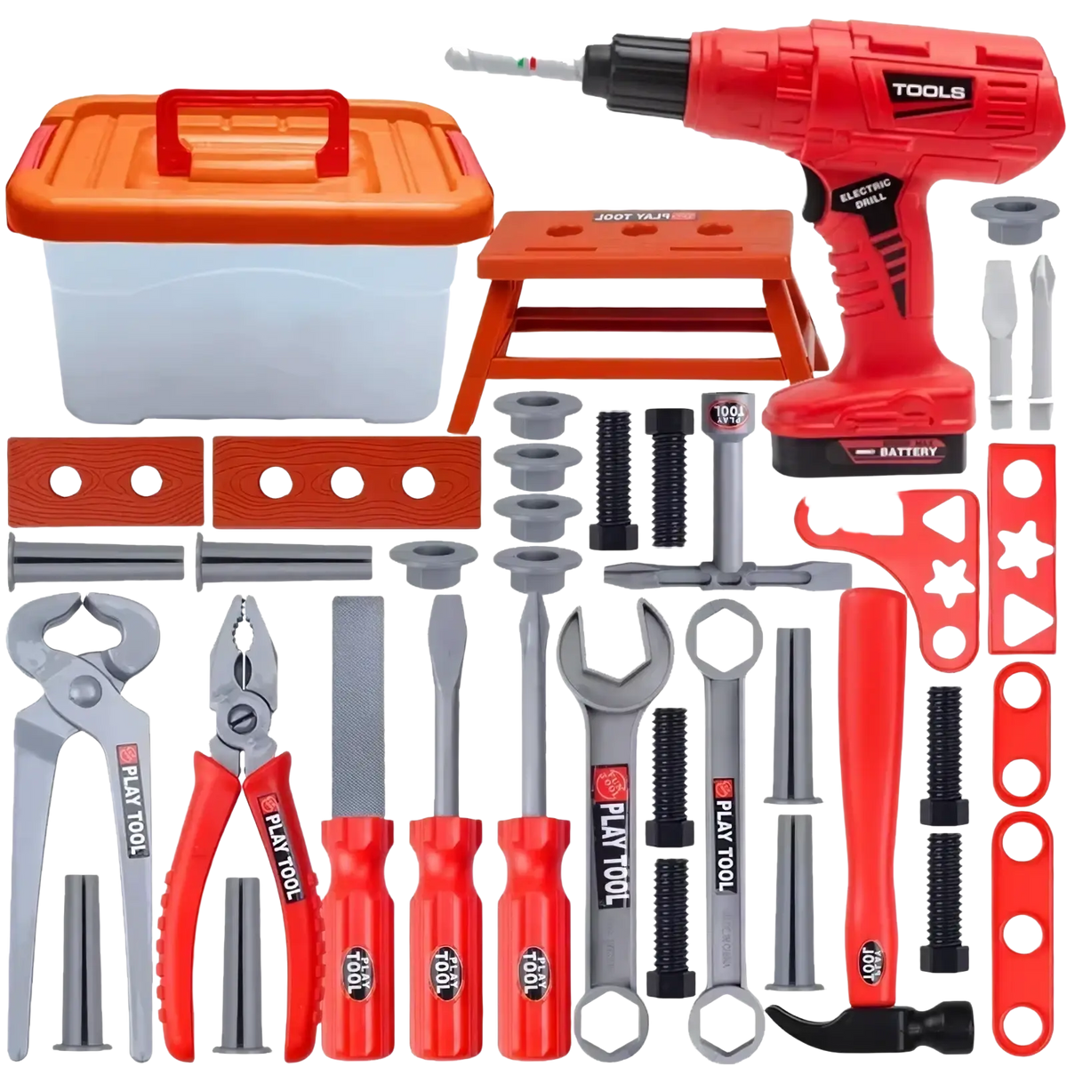 Red and gray plastic kids toy electric drill with play tool branding from kids toy tool set with workbench