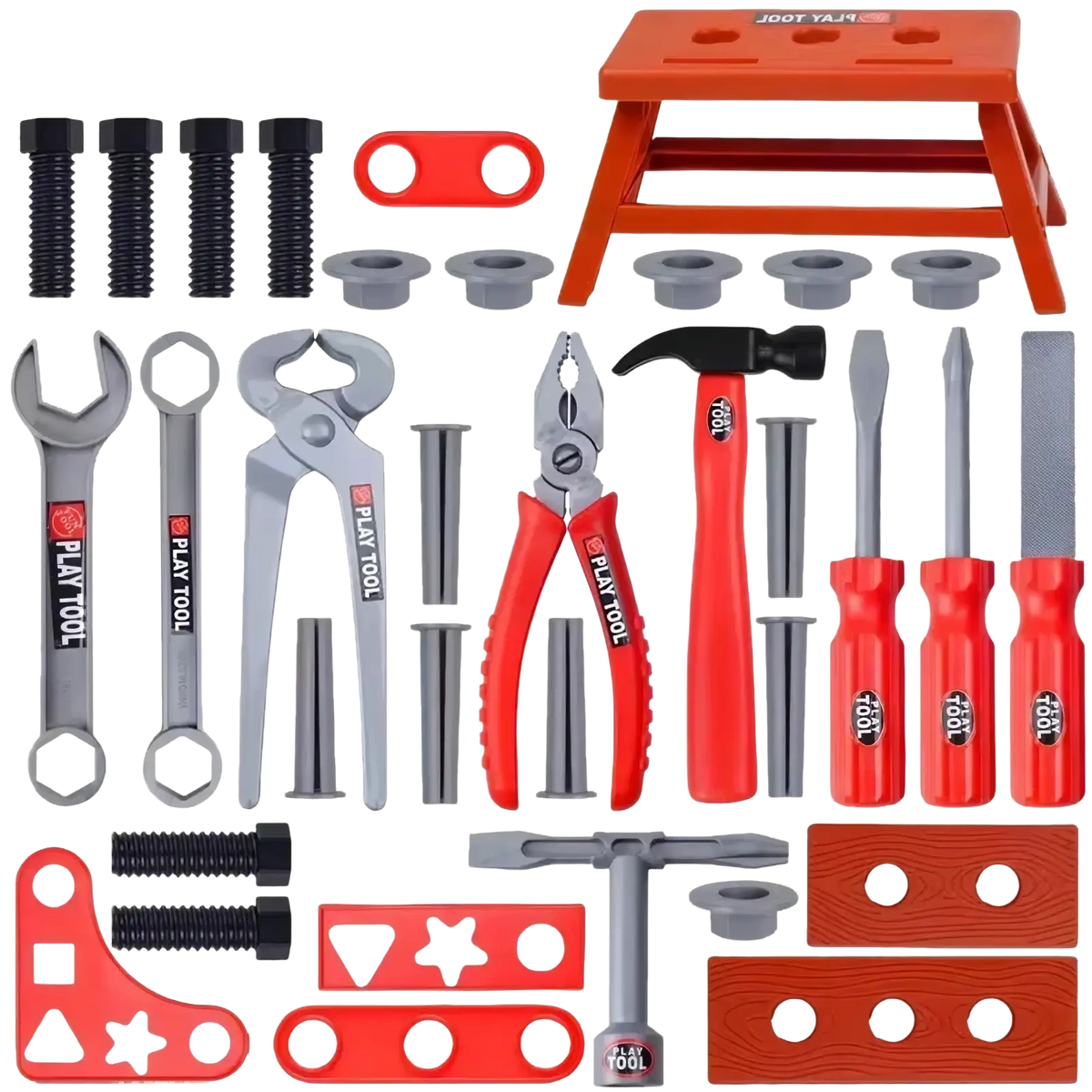 Red and gray plastic kids toy tool set with electric drill and play tool branding on workbench for imaginative play