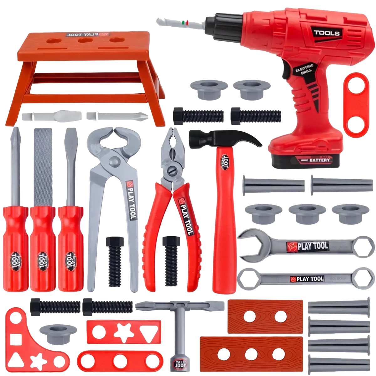 Red plastic electric drill with black grip and dual steering mechanism from kids toy tool set with workbench