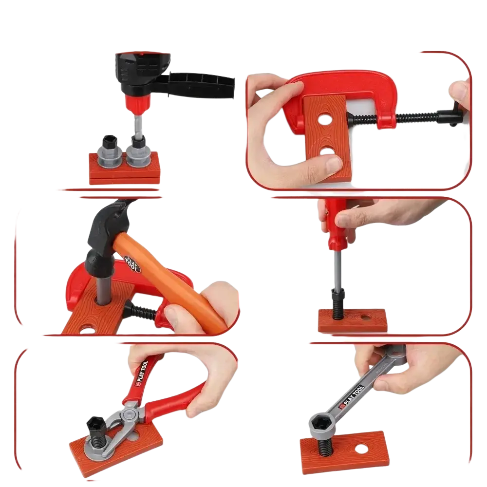 Red plastic kids toy tool set with electric drill and workbench featuring black and gray toy tools for play use