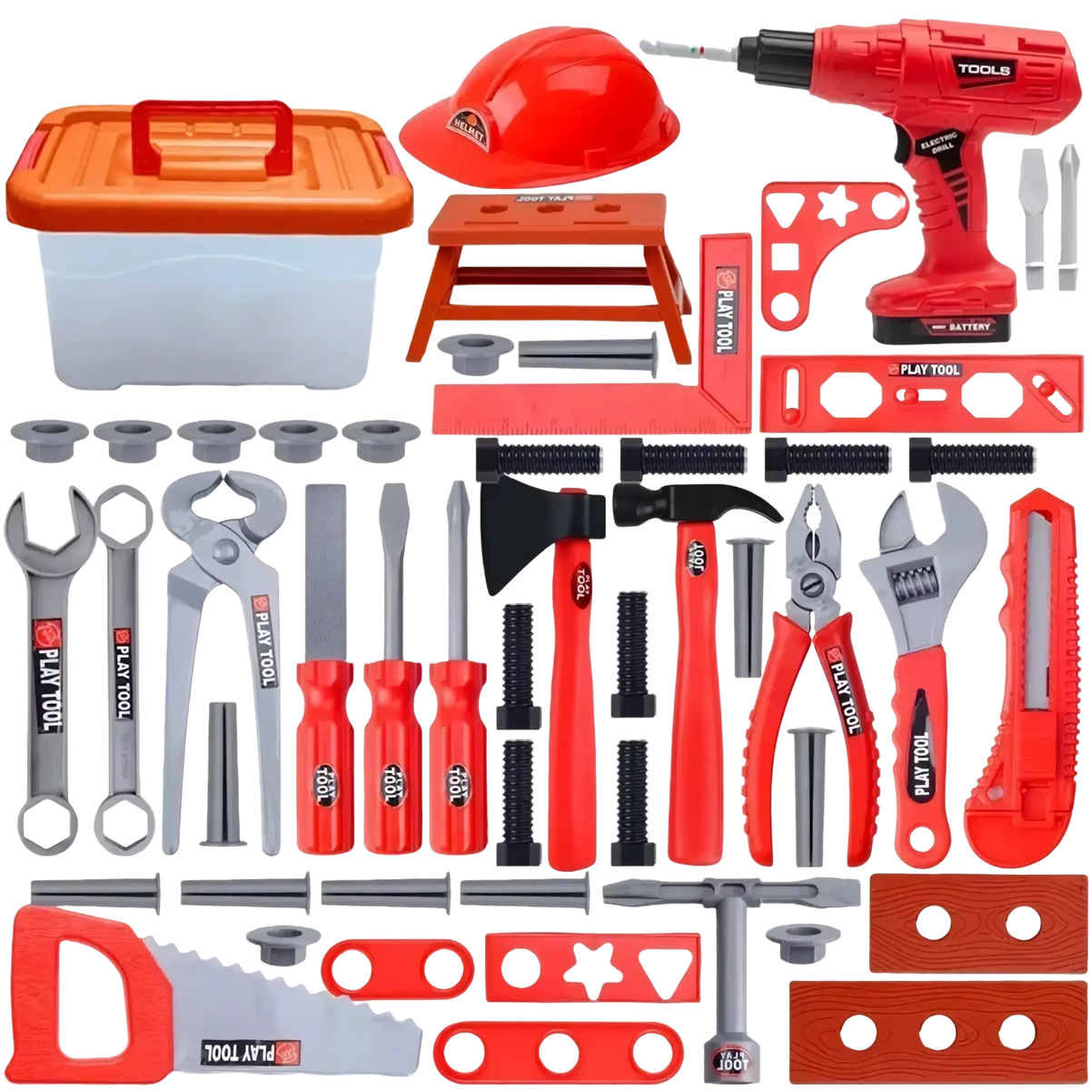 Red plastic kids toy electric drill with black grip and dual steering included in a tool set with workbench