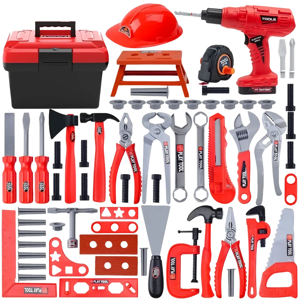 Red plastic kids toy electric drill with dual steering and black battery base from tool set workbench product