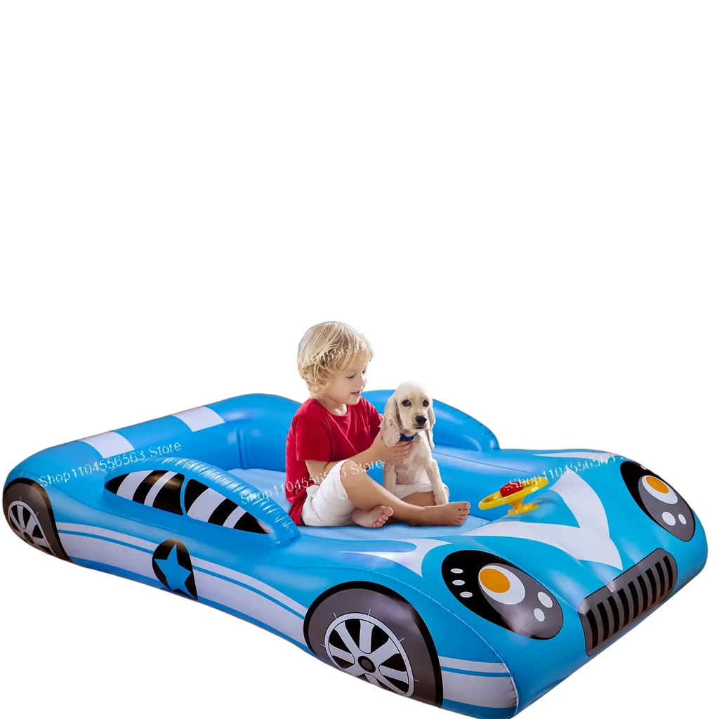 Blue inflatable car bed with black and white racing stripes and cartoon eyes designed for kids travel air mattress use