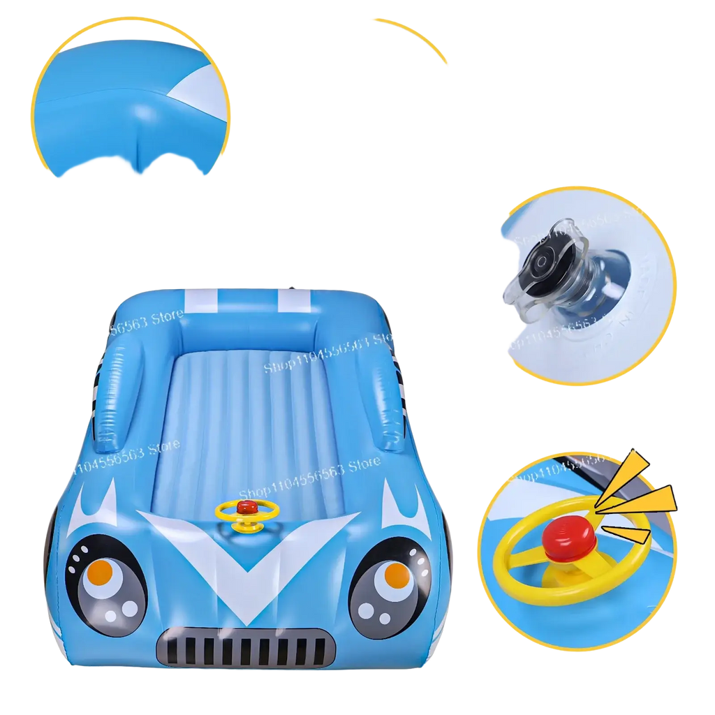 Blue inflatable car pool float with white accents and yellow steering wheel for kids travel air mattress car bed