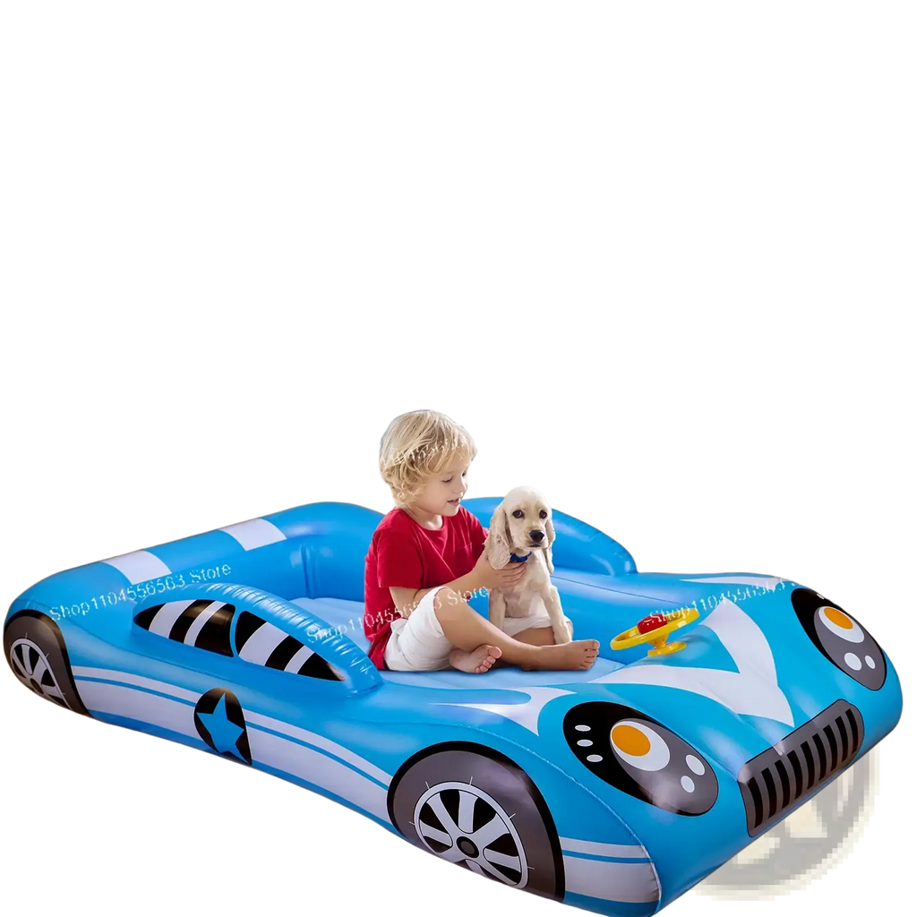 Blue inflatable car bed with black and white racing stripes and cartoon eyes designed for kids travel air mattress use
