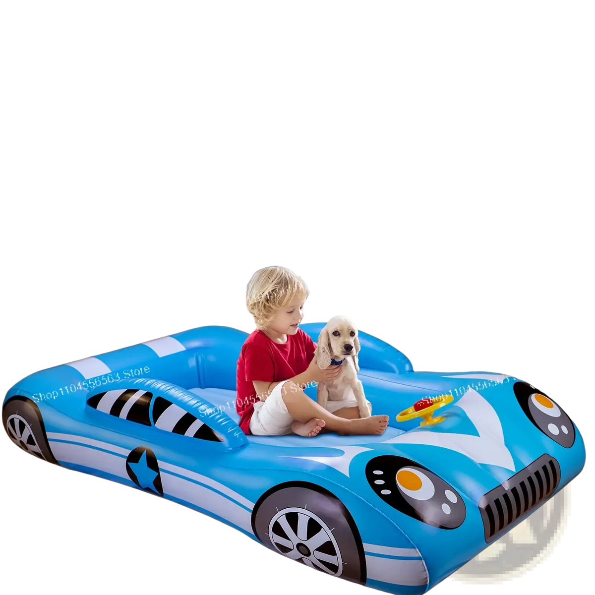 Blue inflatable car bed with black and white racing stripes and cartoon eyes designed for kids travel air mattress use