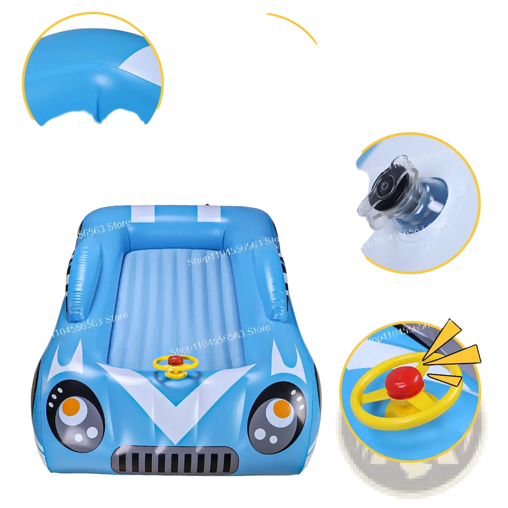 Blue inflatable car pool float with white accents and yellow steering wheel for kids travel air mattress car bed