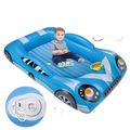 Blue inflatable car-shaped kids travel air mattress with black white racing stripes cartoon eyes and built-in usb port