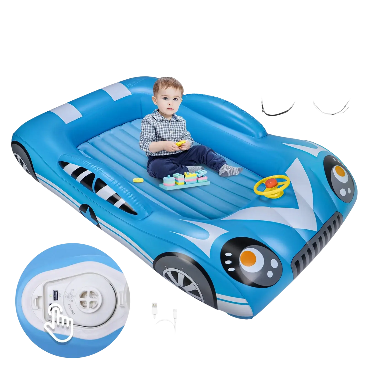 Blue inflatable car-shaped kids travel air mattress with black white racing stripes cartoon eyes and built-in usb port