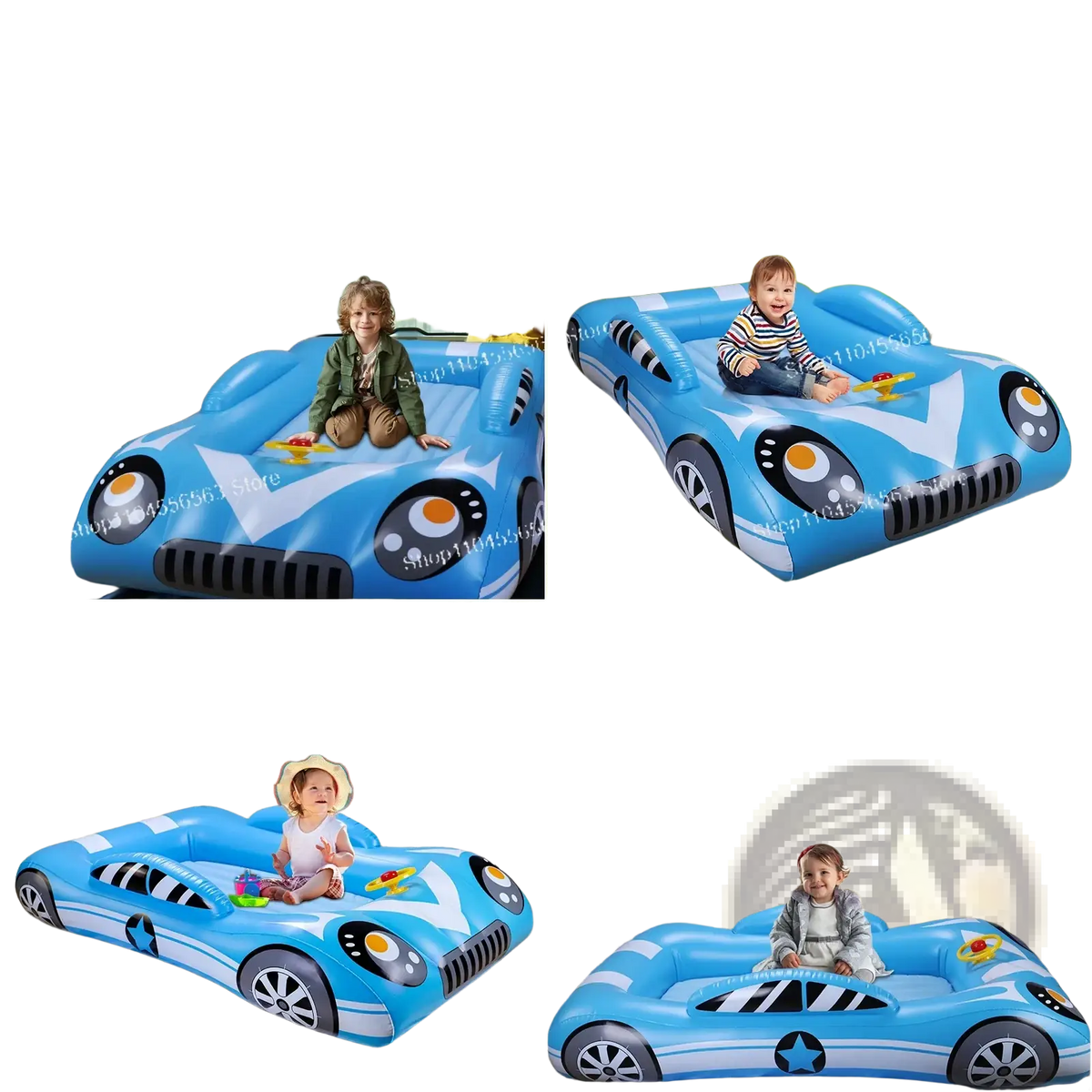 Blue inflatable kids travel air mattress shaped like a race car with black and white accents and cartoon eyes and wheels