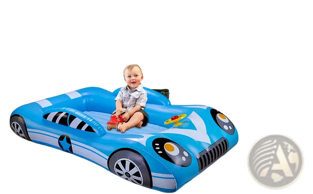 Blue inflatable toddler bed designed like a race car with black and white stripes and cartoon eyes for kids travel use