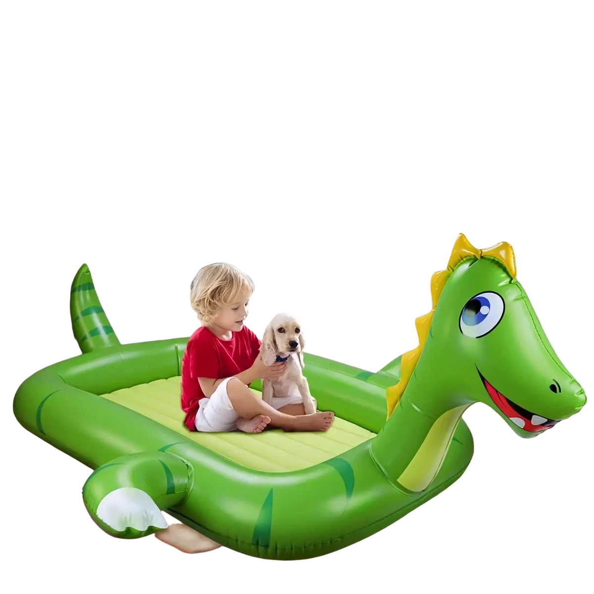 Green inflatable dinosaur pool float with yellow accents and friendly face for kids travel air mattress car bed
