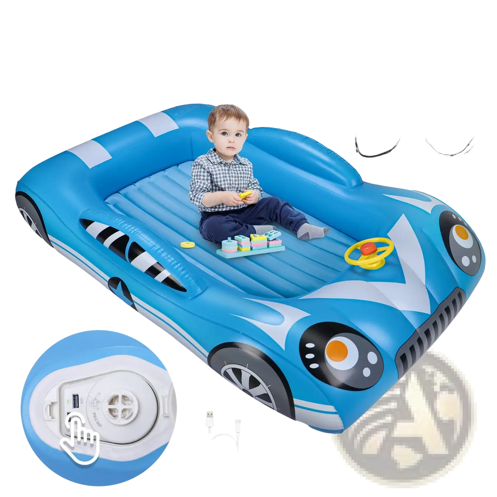 Blue inflatable car-shaped kids travel air mattress with black white racing stripes cartoon eyes and built-in usb port