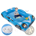 Blue inflatable car-shaped kids travel air mattress with black white racing stripes cartoon eyes and built-in usb port